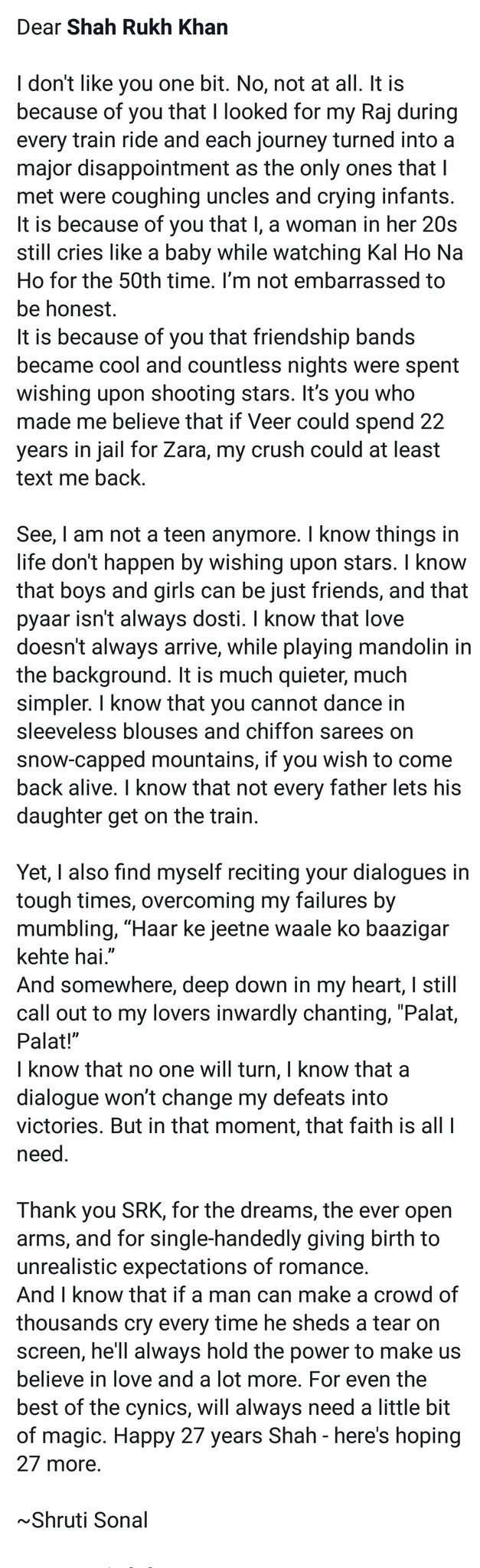 Came across a very beautiful touching wish to one and only  Happy Birthday Shahrukh Khan 