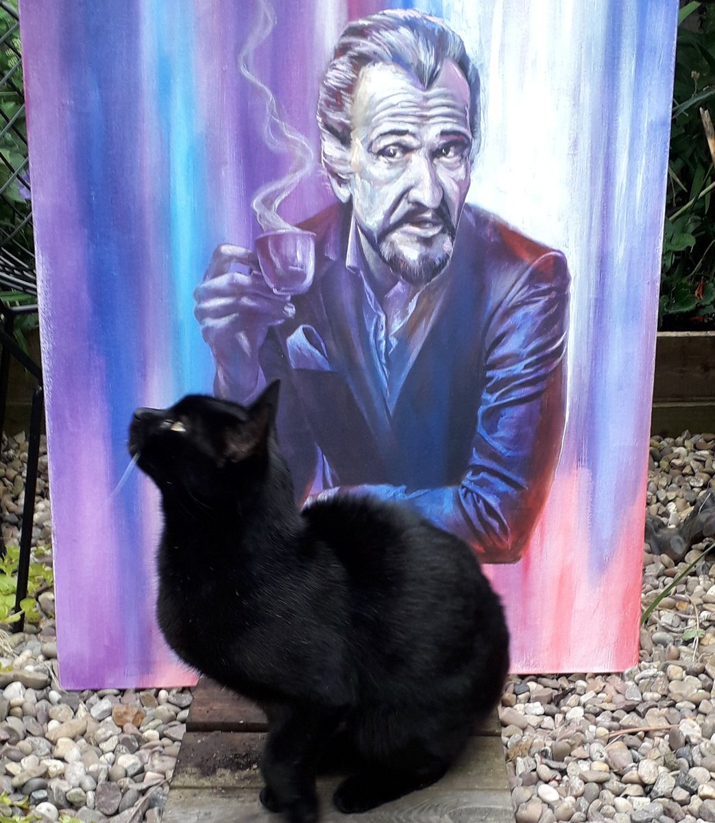 Roger and Charlie. Every evil genius needs a small furry familiar.  #rogerdelgado #blackcatsrule #classicdoctorwho #oilpainting #expresso #CoffeeLover