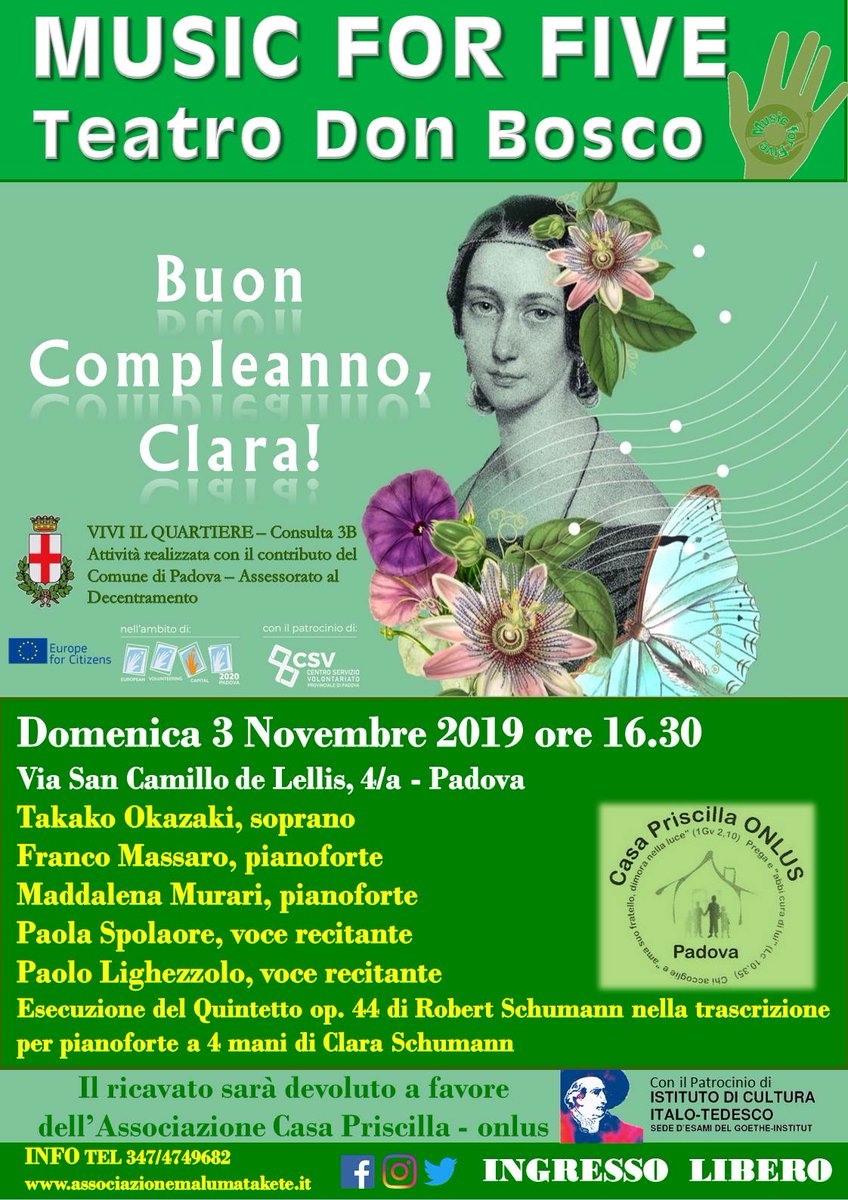 MalumaTakete's tweet photo. Domenica 3 novembre alle ore 16.30 al Teatro Don Bosco in via San Camillo de Lellis, un concerto in onore di Clara Schumann #EVCapital #Padovacapitale https://t.co/GfAD3lFEcm