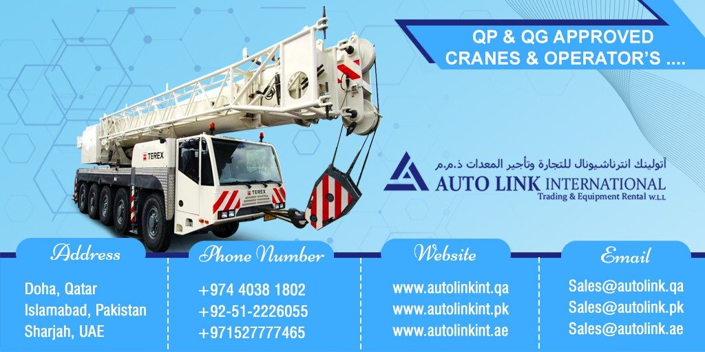 For Quotation contact us:
+974 4038 1802
Sales@autolinkint.qa
Visit our website:
autolinkint.qa
#cranesupplier #cranehire #heavytransport #rtcrane #cranemarket #grovecrane #Lifting #equipmentrental #machineryrental #trading 
 #rigging #qatarprojects #WC2022 #QP #QatarGas