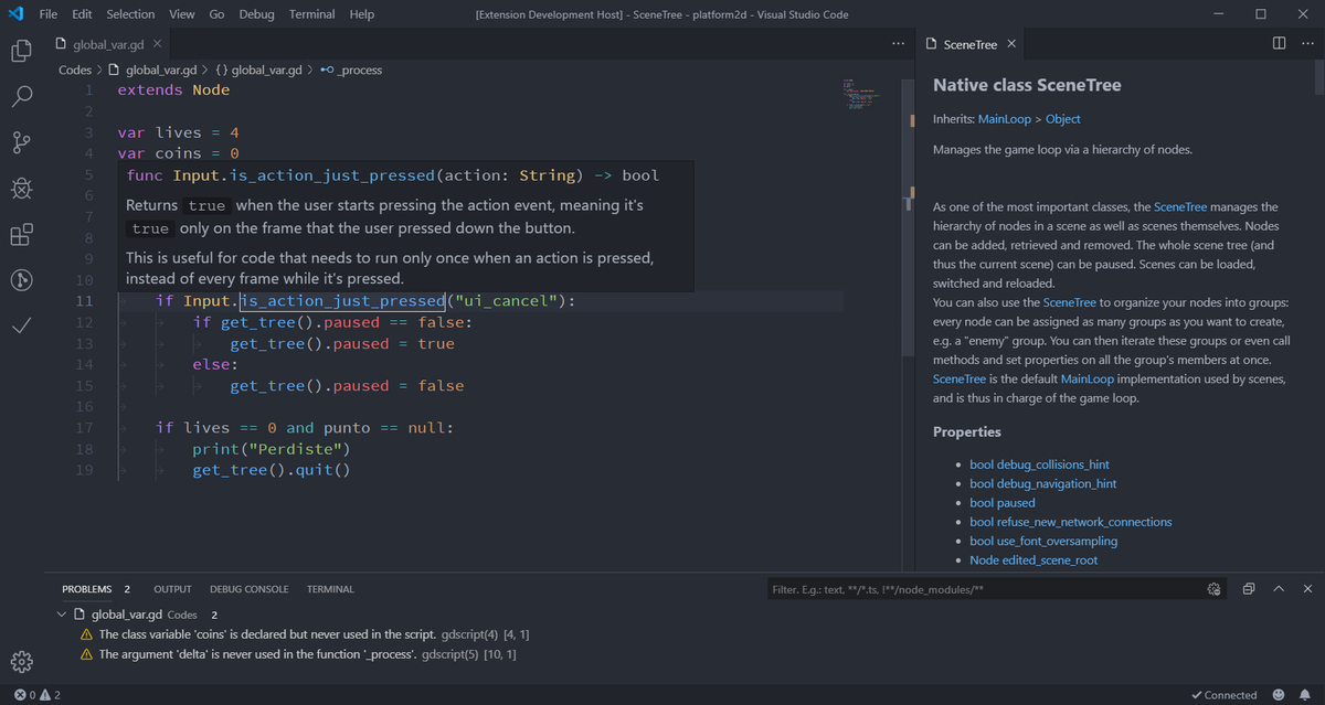 NathanGDQuest's tweet image. Is there any #emacs or #spacemacs user who would collaborate on a Godot/GDScript syntax and completion package with the new GDScript language server in Godot 3.2?
Picture: Godot Tools plugin for Visual Studio Code by @geequlim ( marketplace.visualstudio.com/items?itemName… )