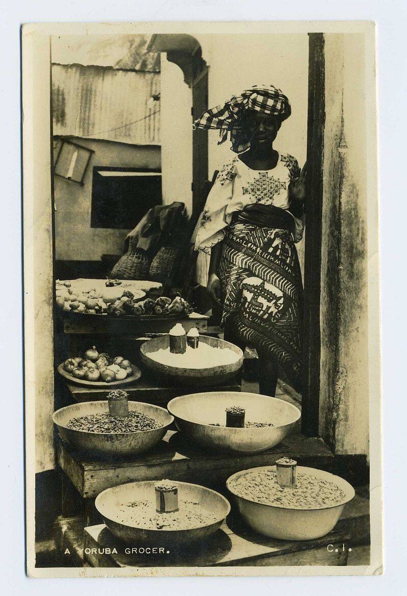 A Yoruba Grocer, Lagos 1939. Publisher: CMS Bookshop.Yoruba women