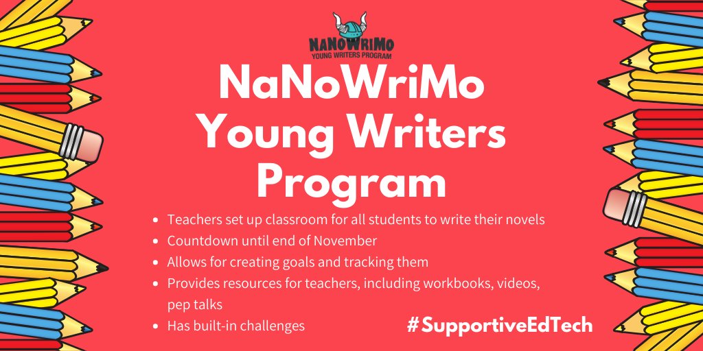 Ms_KatieNieves's tweet photo. As we move into November, consider using the @NaNoWriMo Young Writers Program. The website gives Ts the chance to create a class & track student novels. For Ss, it provides goal setting, feedback opportunities, challenges, & built-in mini-lessons! #SupportiveEdTech https://t.co/6iJVDQh9Ps