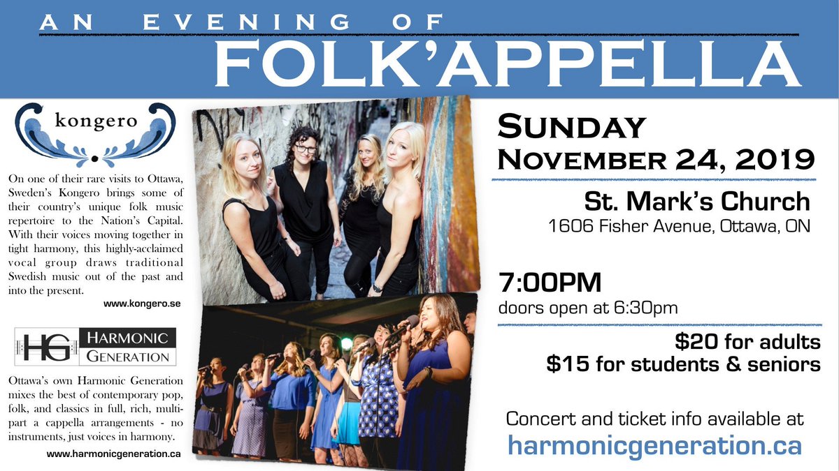 harmonicg613's tweet photo. Ready for a little "Folk'appella"? Highly-acclaimed folk vocal group @Kongeromusic from #Sweden are coming to #Ottawa for a #concert with @harmonicg613 on Sunday, Nov. 24, 2019!

Tickets on sale now - $20 for adults, $15 for students &amp; seniors - https://t.co/2xYFGWneWk https://t.co/5KtQNw2ayn