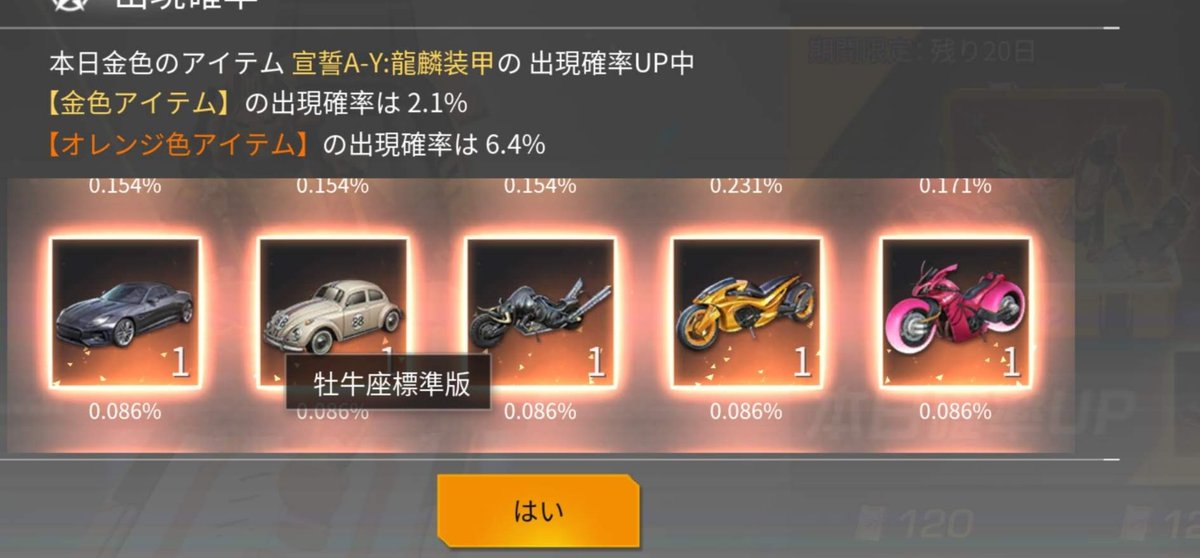 荒野行動研究所 牡牛座バイクが2周年ガチャに入っているんですけどkofコラボ限定じゃなかったんですかね ガチャから入手した人いますか