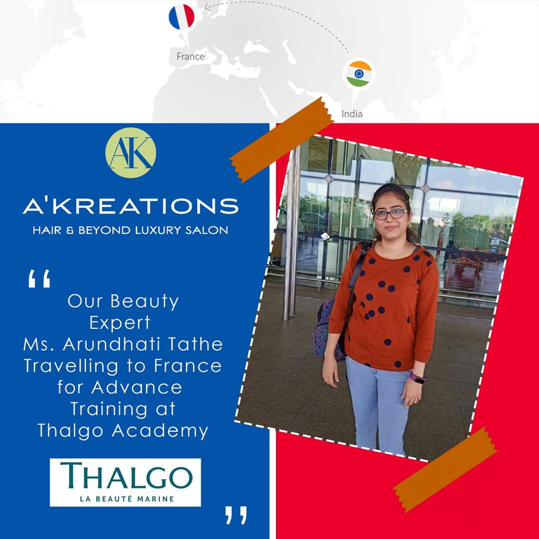 AKreationsIndia's tweet photo. We wish our Divisional Head of Beauty &amp; Skin Arundhati Tathe bon voyage as she travels to France for her advanced training at the @thalgofrance

#Akreationsindia #BeautyExpert #Training #AdvanceTraining #Academy #Ak #BonVoyage #France #Thalgo #ThalgoFrance #ThalgoAcademy https://t.co/ysrG7D0uWB