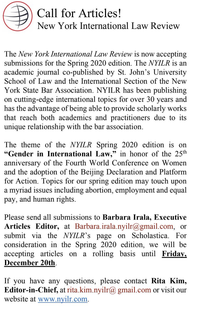 nyilr's tweet photo. Hello, the New York International Law Review is currently accepting submissions for the Spring 2020 edition. The details are included in this picture below.

#NewYorkInternationalLawReview #CallForArticles https://t.co/0lRXH3xqsF