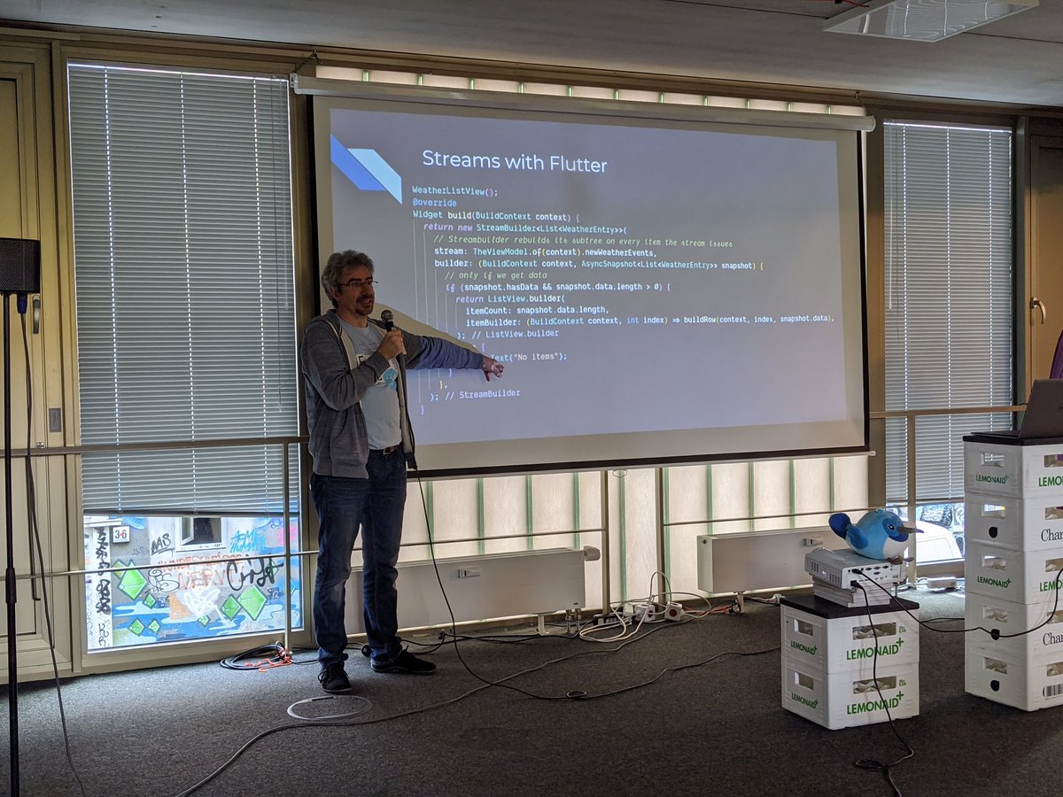 passsy's tweet photo. .@ThomasBurkhartB talking about RxDart. So cool to have a @dart_lang showing up at #DevFestHH19 https://t.co/zfbhnS9VAU