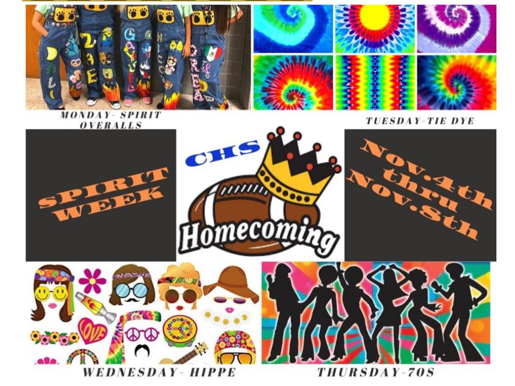 mcarrollstuco's tweet image. It’s finally homecoming spirit week!!!
Monday: wear your spirit overalls!!!
Tuesday: best tie-dye apparel!!
Wednesday: Hippie day
Thursday: throwback disco day!! 
Friday: wear your mums and garters!!

PLEASE STAY IN DRESS CODE ALL WEEK!!!!!
#TigersSTRONGERTOGETHER #hoco2k19