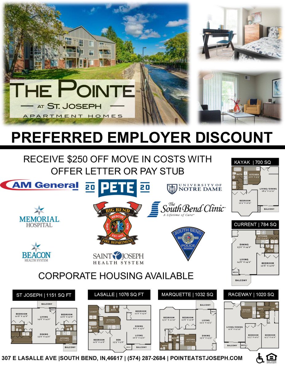 PointeAtStJoe's tweet image. New residents can receive $250 off of their move in costs if their employer is apart of our preferred employee program! Call us at 574-287-2684 if your company is listed or to inquire how to have it added! #GettothePointe #LivingatthePointe #Employeeappreciation