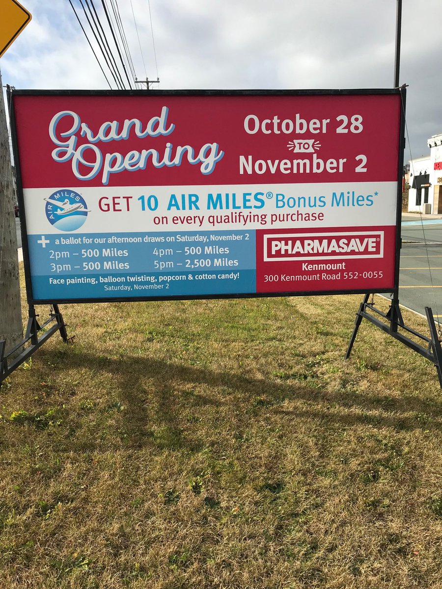 Cheezman25's tweet image. ⁦@975krock⁩ ⁦@VOCMNEWS⁩ Kenmount Pharmasave Grand Opening!Anybody looking for 500 AirMiles we are giving away on the hour from 1 to 4 and 2500 Miles at 5! Be sure to get to 300 Kenmount Rd between 12pm and 5pm! Big Tom’s Shed,JLac and Chris are here all day. #freetrip