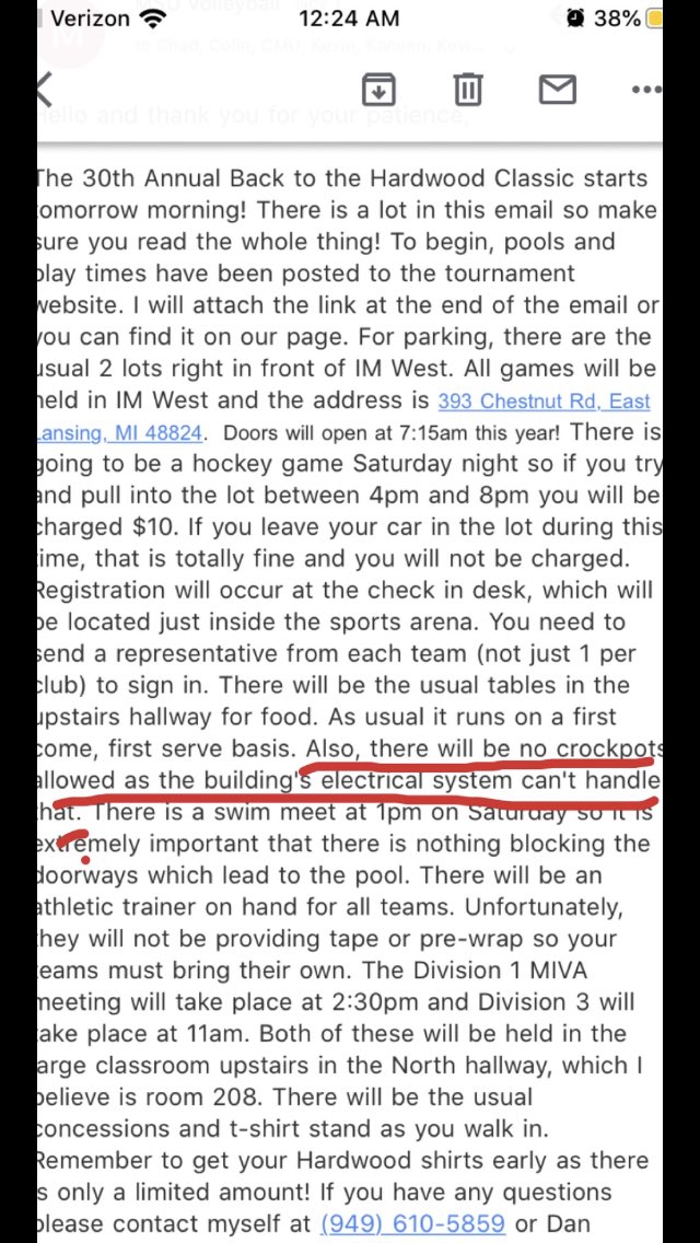 Hate to be this guy, but are you fucking kidding me <a href="/MSUmensvball/">MSU Men's Volleyball</a>? Our team mom couldn’t bring her famous chili because we got an email saying no crock pots. We demand compensation and an apology to our team mom Linda berg. We can still be friends, but we can also be enemies. 
-D
