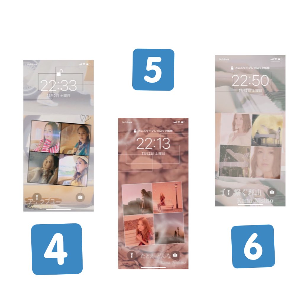 ロック画面配布！
前作った中で好評だった2つ(1、3)と新しく作った4つです！

条件
・フォロー
・いいね、RT
・欲しい番号をリプ
        何枚でも大丈夫です！

それぞれカナやんの曲で作ったので細かいことはコメントの方を見て欲しいです
たくさんの参加待ってます！！