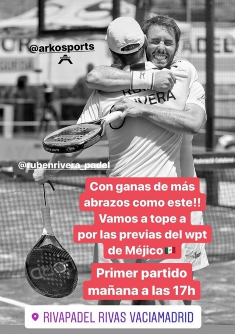 Nuestro jugador <a href="/ruben7rivera/">Ruben Rivera</a> junto a su compañero <a href="/tonibuenog/">Toni Bueno Gomez</a> debutarán esta tarde a las 17h en las previas del Wpt de Méjico celebrado en RivasPadel Madrid, mucha suerte chicos 💪💪💪💪