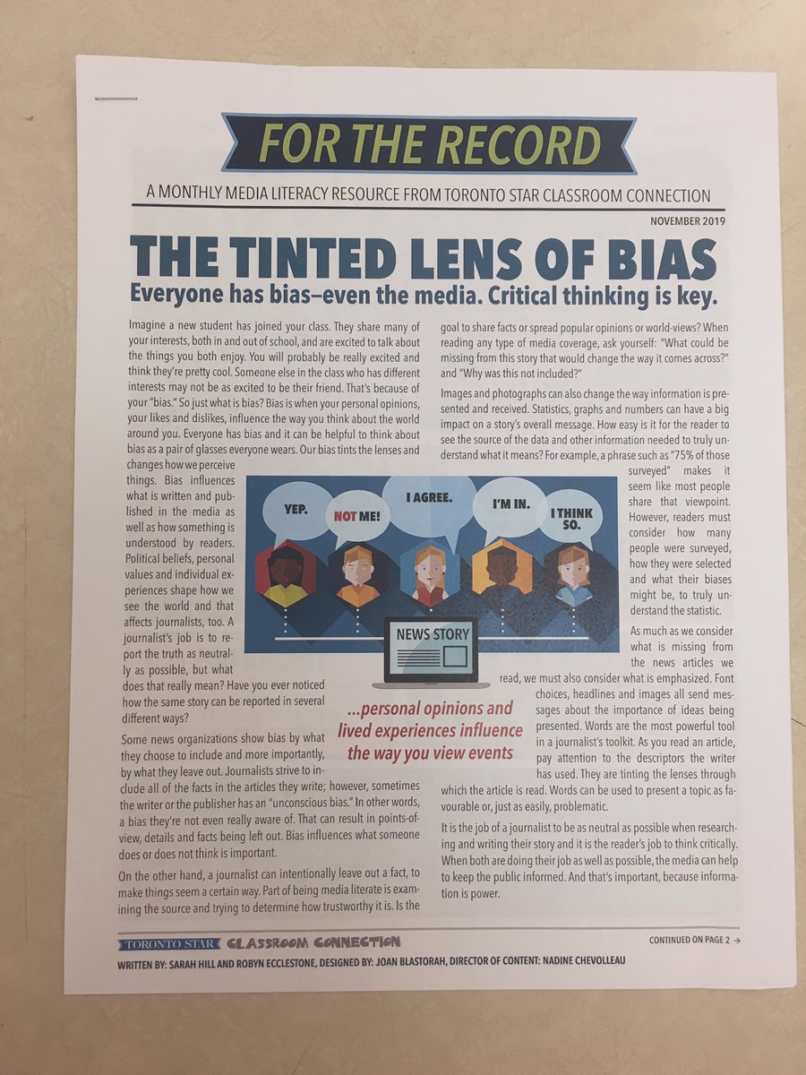 RaniaWriting's tweet photo. “The Tinted Lens of #Bias” Co-written by @robynecclestone.  I’ll be using this #mediaresource with some of our Intermediate students. @TorontoStar’s “For the Record” series is such a helpful #schoolresource. #medialiteracy #mediaeducation #librarymedia https://t.co/q1fBvWAWKt