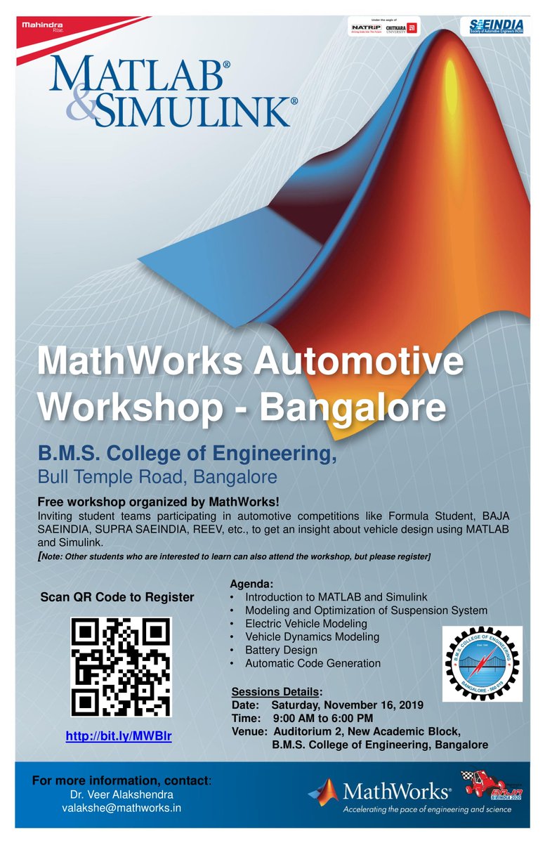 BAJASAEINDIA's tweet photo. Teams!

MathWorks is conducting a workshop at B.M.S. College of Engineering, Bangalore. The workshop will be focused on vehicle design using MATLAB and Simulink.  

Refer the poster for Workshop Details.

#bajasaeindia #breakingconventions https://t.co/fUTyrjt2s9