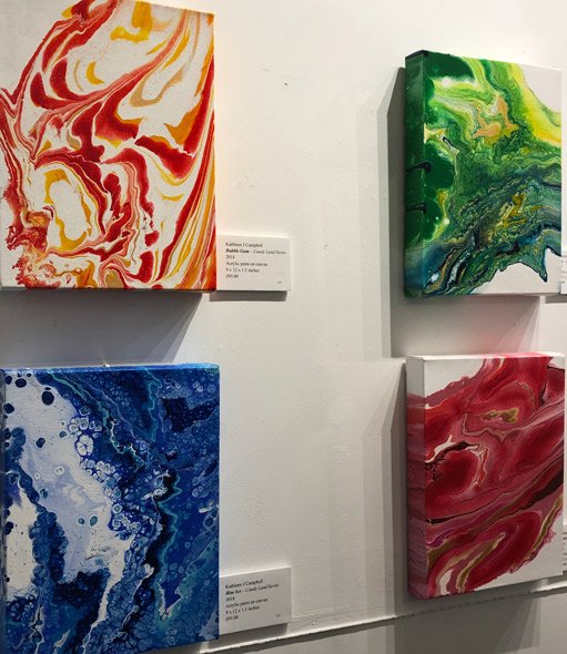 'POURTRAITS' - Acrylic pours interact allowing for individual &amp; abstract finishes making each piece vibrant &amp; unique. 'I wanted to touch the viewer's heart &amp; mind through my art,' says Artist Kathleen Campbell <a href="/Upstairs_HRI/">UPSTAIRS</a> 'til 29th Nov kjcampbellartist.com #abstractartwork