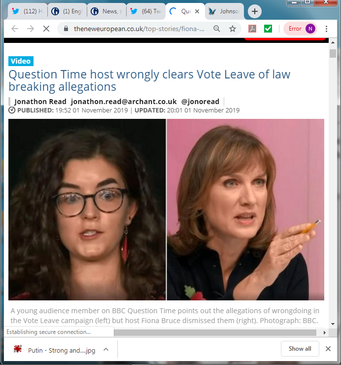 nickreeves9876's tweet photo. #BBBCQT host Fiona Bruce wrongly denies that Vote Leave broke election law. A few hours later the Police handed files surrounding Boris Johnson's Vote Leave campaign to prosecutors. Please RT if you agree that Fiona Bruce must make a public apology on QT or resign or be sacked. https://t.co/yFAdaVFhMf