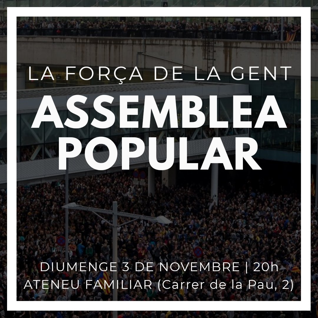 CDRSantBoi's tweet photo. 📣 #LaForçaDeLaGent! 

🔴 ASSEMBLEA POPULAR 🔴

Seguim organitzant-nos, continuem resistint! 

🗓 Diumenge 3 de novembre
🕥 20h
📍 Ateneu Familiar (la Pau, 2 - #SantBoi) 

🙈 Hi haurà també allò que tothom busca! https://t.co/M9zrCGbrgR