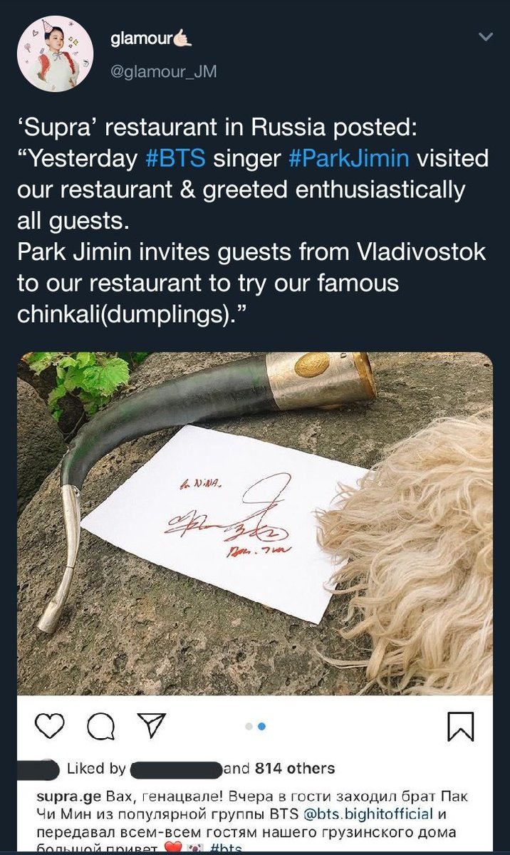 35. Ong and Jimin went to a restaurant in Russia and Jimin left an autographThe restaurant posted this pic below on September 13th~(you can find pictures of them strolling around the city but i won't share it since it was taken on BTS' private vacation period, sorry)