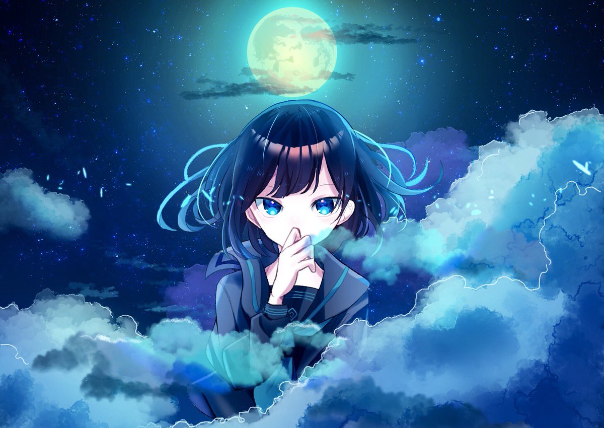 1girl solo moon blue eyes sky cloud serafuku  illustration images