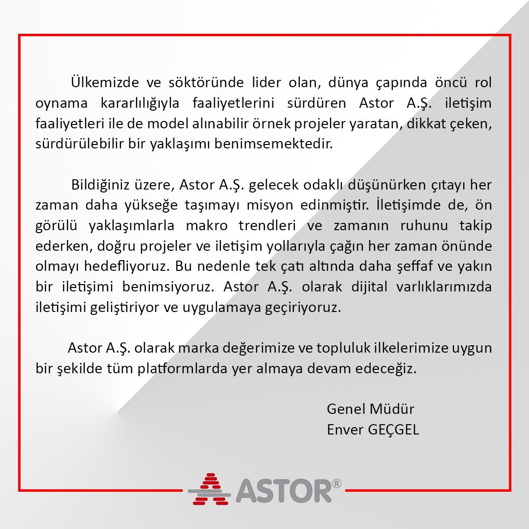 astorglobal's tweet photo. Genel Müdürümüz Enver Geçgel'den duyuru
#astor #astoras #energy #enerji #transformatör #transformers #electric #elektrik #company #globalcompany #factory #turkey #türkiye #ankara #global #official #energyfactory https://t.co/CXOEtSrf9V