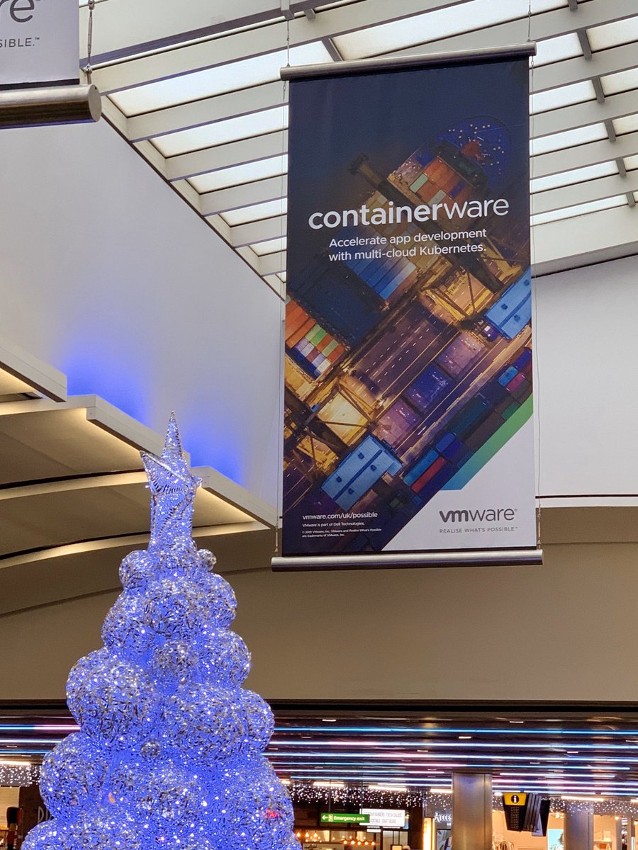 AmitSabharwal9's tweet photo. On my way to #VMworldEurope connecting through LHR and noticed 2 things: 1) Christmas tree is up already, 2) #containerware. @VMware @cloudnativeapps https://t.co/GMFUhNLx2v