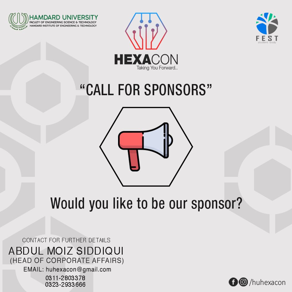 FEST_DOC_HU's tweet photo. Call For Sponsors...

#Hexacon #FestHexacon #HamdardUniversity #Tech #Innovation #GamingTechGeneral #TechTrends #HexaconTwentyNineteen #StartOfANewLegacy
#TakingYouForward #MarkTheDates #DepartmentOfComputing #FEST https://t.co/TSrMV1hSj6
