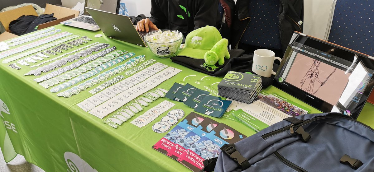 ArtofRoz's tweet photo. Our @openfestbg booth! Together with @openSUSE, @libreoffice and @Krita_Painting we're stronger than ever 😀 #openfest2019 https://t.co/VUbmFi38WK