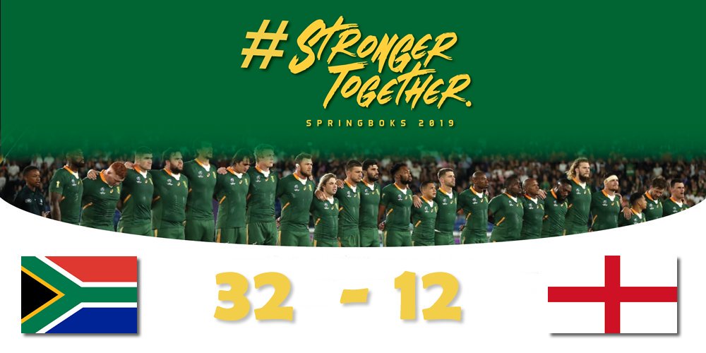 GovernmentZA's tweet photo. The #Springboks 🇿🇦 has taken the #RWC2019 beating England 32-12 in the #RWCFinal #StrongerTogether https://t.co/hkR93GAzTi