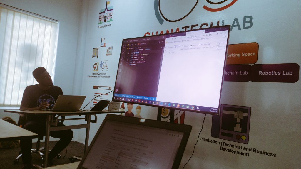 joshoaotoo's tweet image. JsSpace Meetup 2019 @GhanaTechLab
Ongoing lesson: Variables in JavaScript 
Variables include:
Number
String
Boolen
Null
Undefined
Object
Arrays with @emrade
#JsSpace
#IoTNetworkHub
#GhanaTechLab
@iotnetworkhub @suadikinfo  @razakhamid2