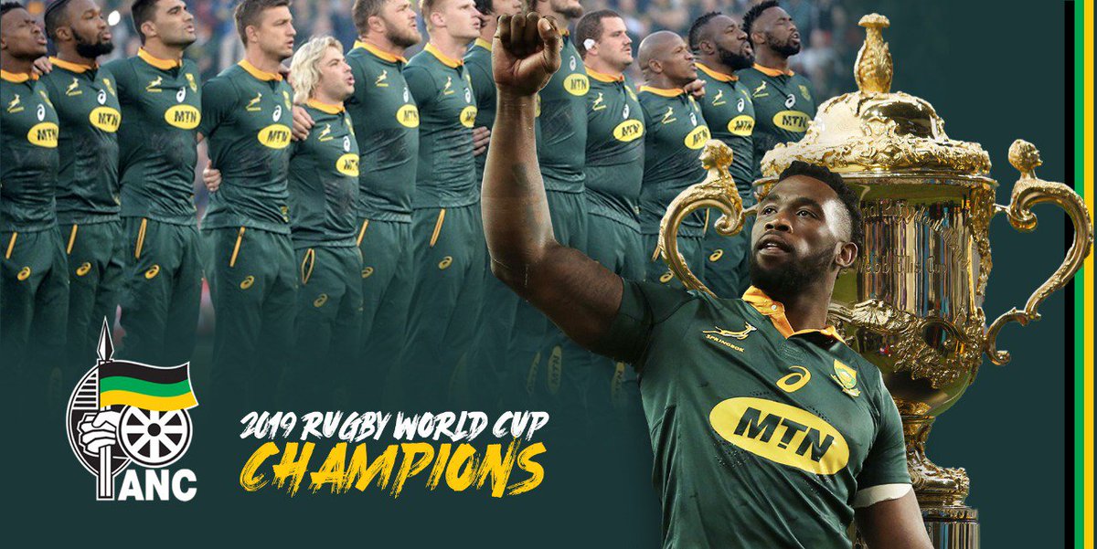 MYANC's tweet image. Well done Springboks for reawakening the gees and unity of the nation through sport. Enkosi, Baie Dankie, Thank you! You have made all 57 million South Africans proud. 

#ThumaMina #StrongerTogether  #Springboks