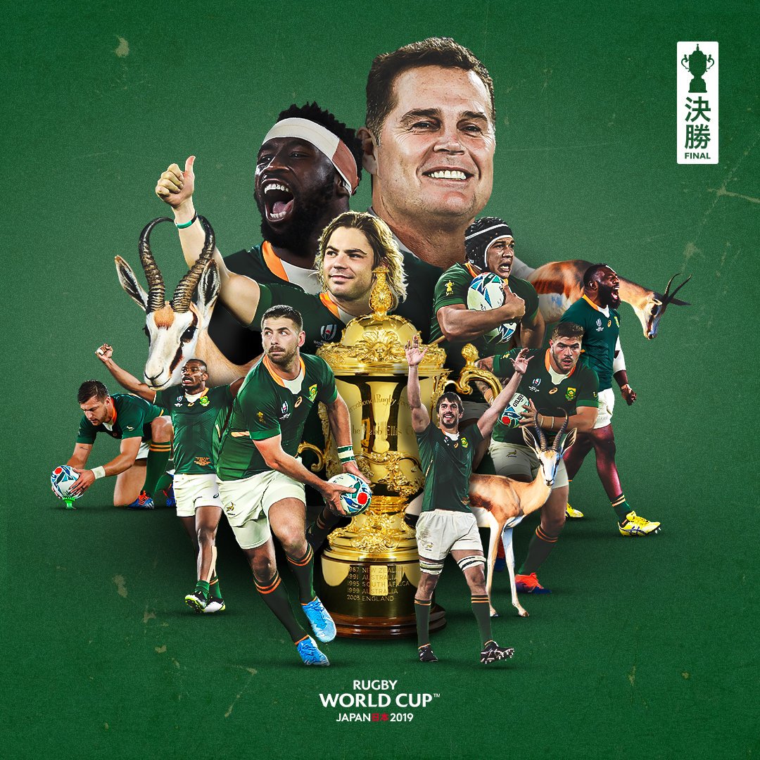 Flashscorecom's tweet photo. #SOUTHAFRICA ARE THE 2019 #RUGBYWORLDCUP CHAMPIONS! 🏆🇿🇦 

They stunned #England 32-12 after a masterful display to lift the trophy!

#RWC2019 #Springboks @Springboks @rugbyworldcup #ENGSAF 

Match stats: https://t.co/npuwe1dPrA https://t.co/IUFkxbbXuT