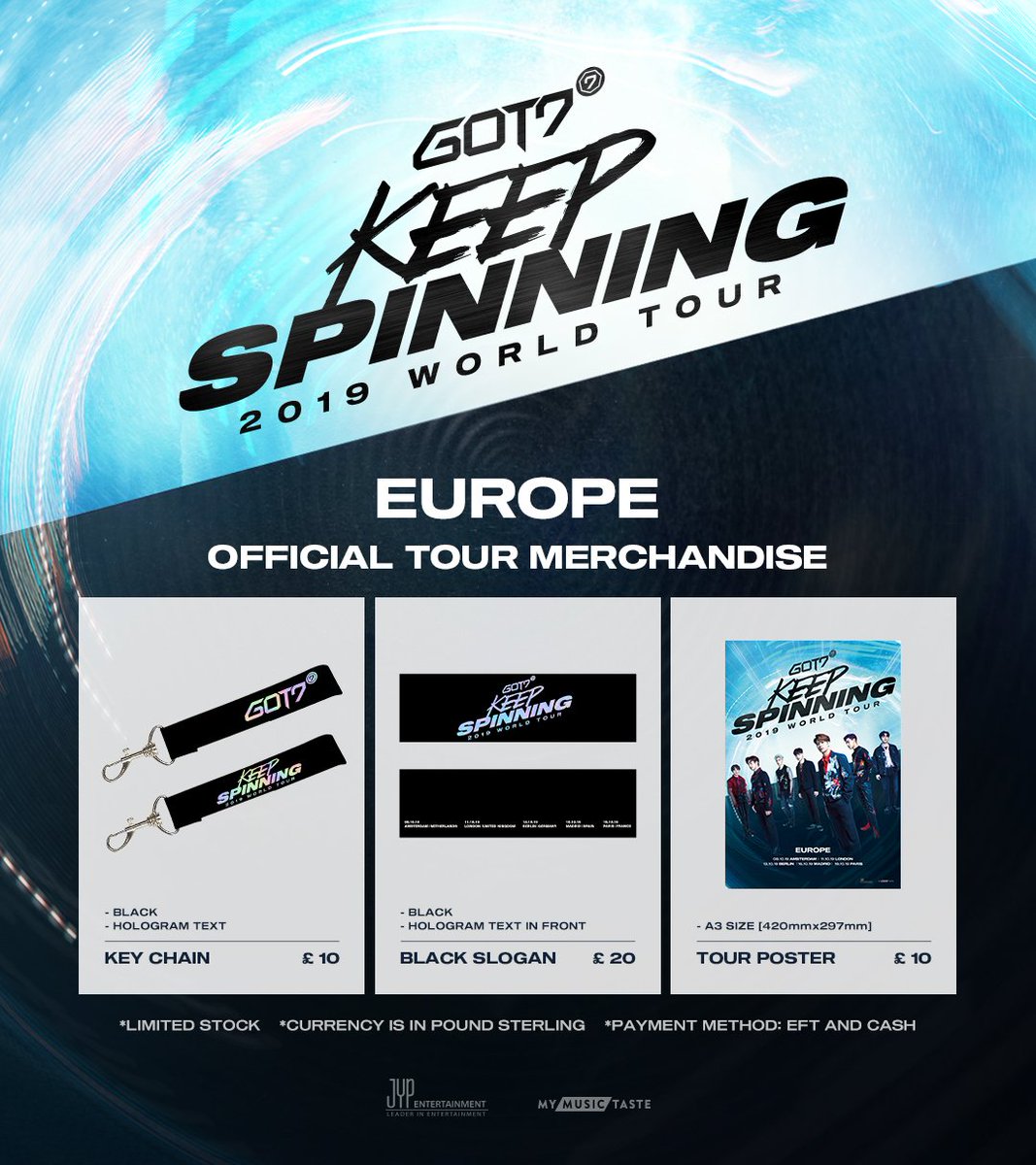 _mymusictaste's tweet photo. I GOT7 in Europe! 

Is your head still spinning with great memories from #GOT7 2019 World Tour “KEEP SPINNING” in Europe? 🙃

🛍️Keep these memories alive by getting the official merchandise available NOW on
https://t.co/SjEYts2EJs

#GOT7WORLDTOUR #KEEPSPINNING #GOT7inEUROPE https://t.co/Vg74fIRkb9