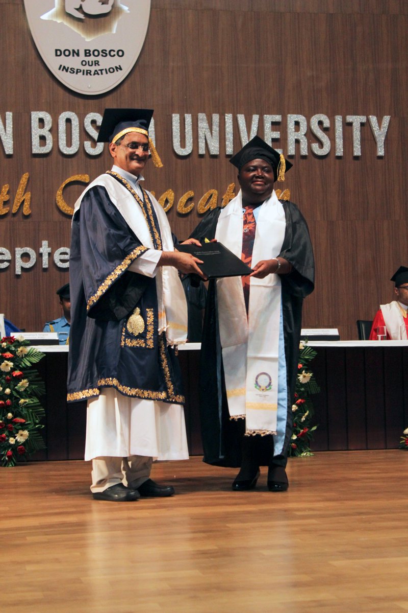 U18Alumni's tweet photo. Sehla Masunda from #Zimbabwe got #BBA degree award by VC. Dr. Stephen Mavely. - The 8th convocation of Don Bosco University.
#DBUGlobal
#University18
#ADBUConvocation2019 https://t.co/ynD0d7xxX9