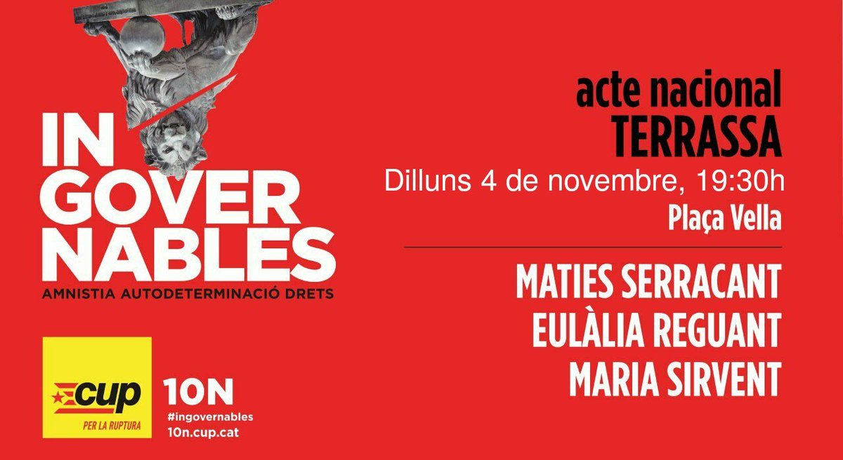 CUPTerrassa's tweet photo. Dilluns dia 4 de novembre hi haurà un dels actes centrals a la ciutat.

L'acte es realitzarà a les 
19.30h a la Plaça Vella.

Amb la presència de la candidata número 3 al Congreso Eulàlia Reguant, l'ex-alcalde de Sabadell i Maties Serracant i la diputada terrassenca Maria Sirvent https://t.co/YVBENRgptM