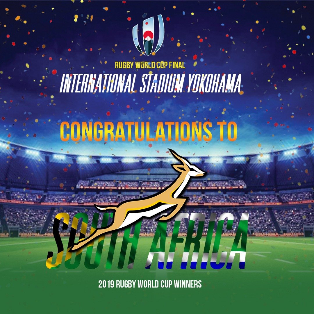 ForwardTAgency's tweet photo. #springboks #Bokke 2019 Rugby World Champions

Eng 12-32 SA

#strongertogether thank you, Boks

 #SouthAfrica #springboks #bokke #gobokke #boks #rwc2019 #rwc2019final #rwcfinal #rugbyworldcup #SAsports #sarugby #rugby https://t.co/GRUA2Xcn31