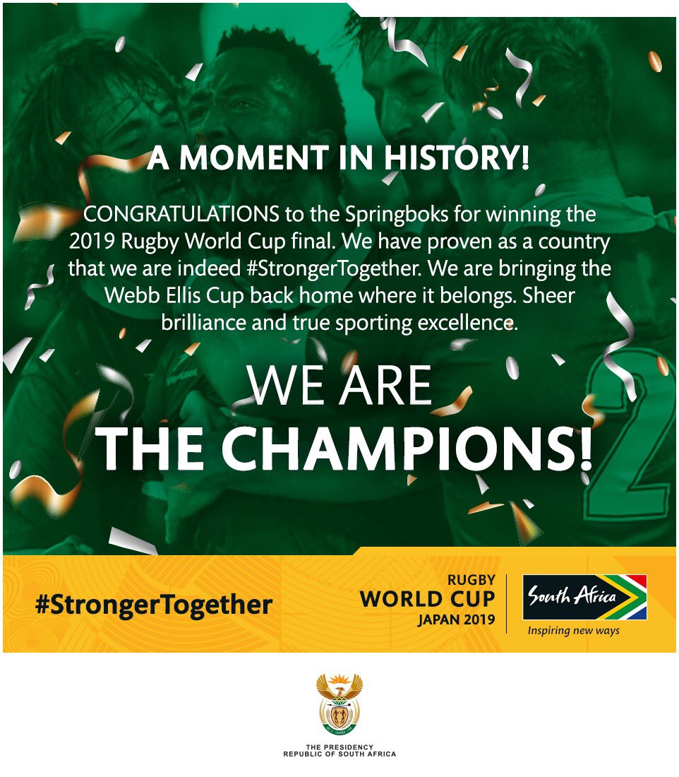 WE ARE THE CHAMPIONS! 🇿🇦🇿🇦🇿🇦#RWCFinal #Springboks #GoBokke #RWC2019 #RSAvENG #StrongerTogether #SiyaKolisi