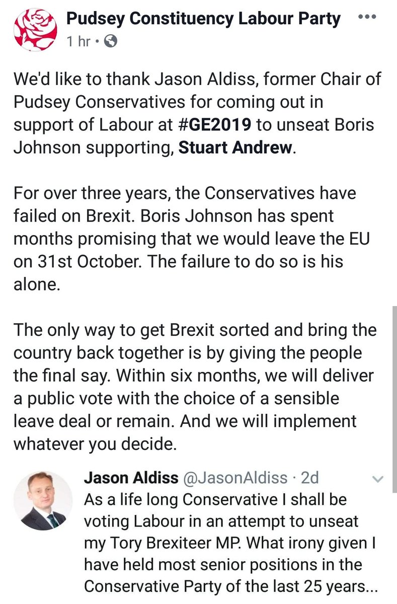 PudseyLabour's tweet photo. We'd like to thank Jason Aldiss, former Chair of Pudsey Conservatives for coming out in support of @UKLabour at #GE2019 to unseat Boris Johnson supporting, Stuart Andrew. https://t.co/jlPHHgjixS