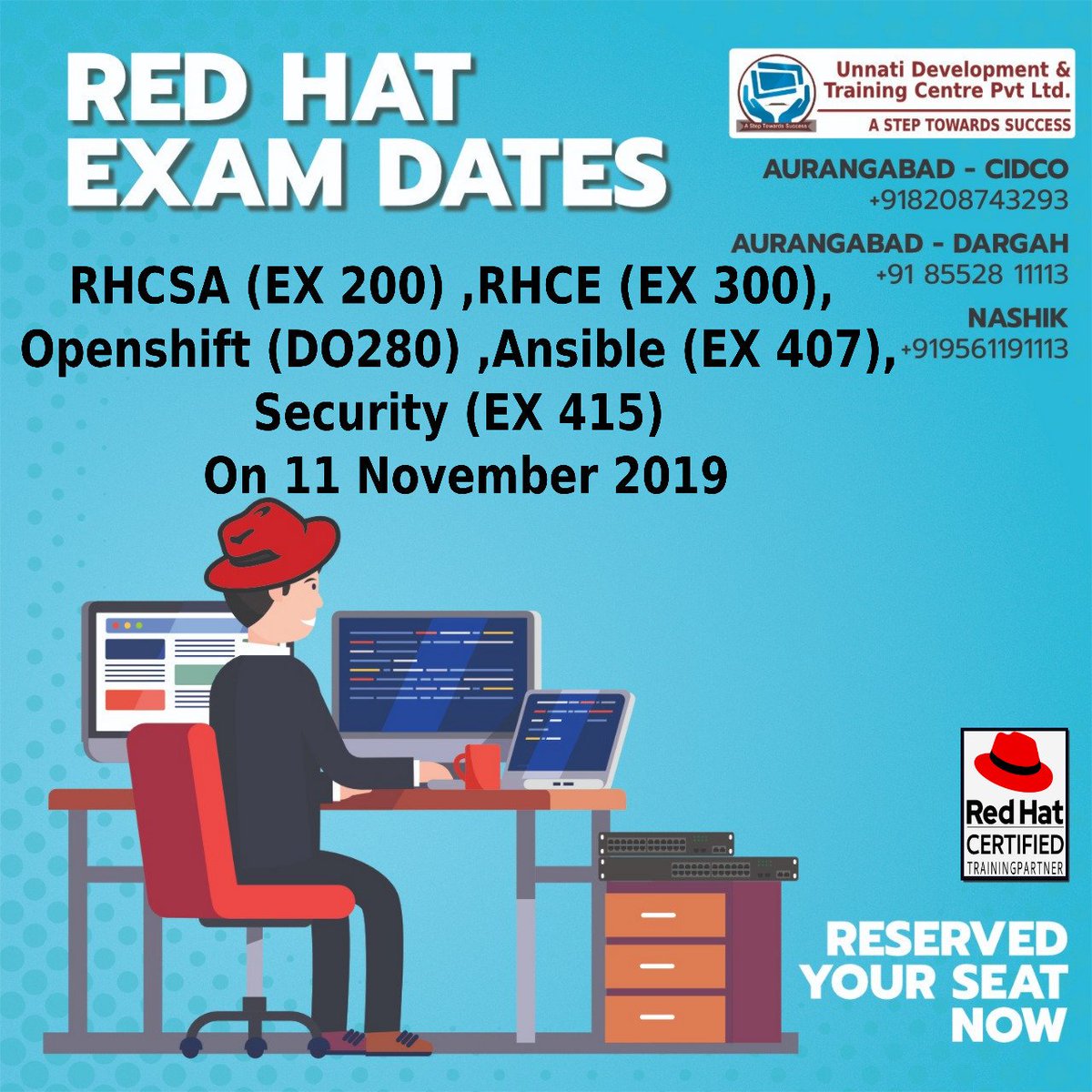 #Unnati #IICT Exam Date has been announced for RHCSA , RHCE, Openshift, Ansible and Security. unnatiithub.org