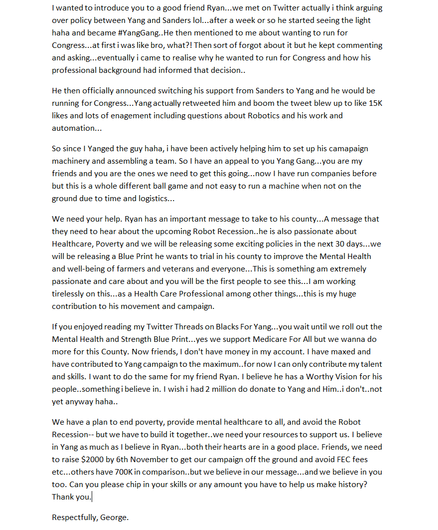 GeorgeBos7's tweet photo. Introduce you to my Friend @Blevins2020 . Here is a story of how we met and why I am kindly making a passionate plea to you....Please read this to you all my friends in the #YangGang and #HumanityFirst movement. https://t.co/LA1e6WUAHY