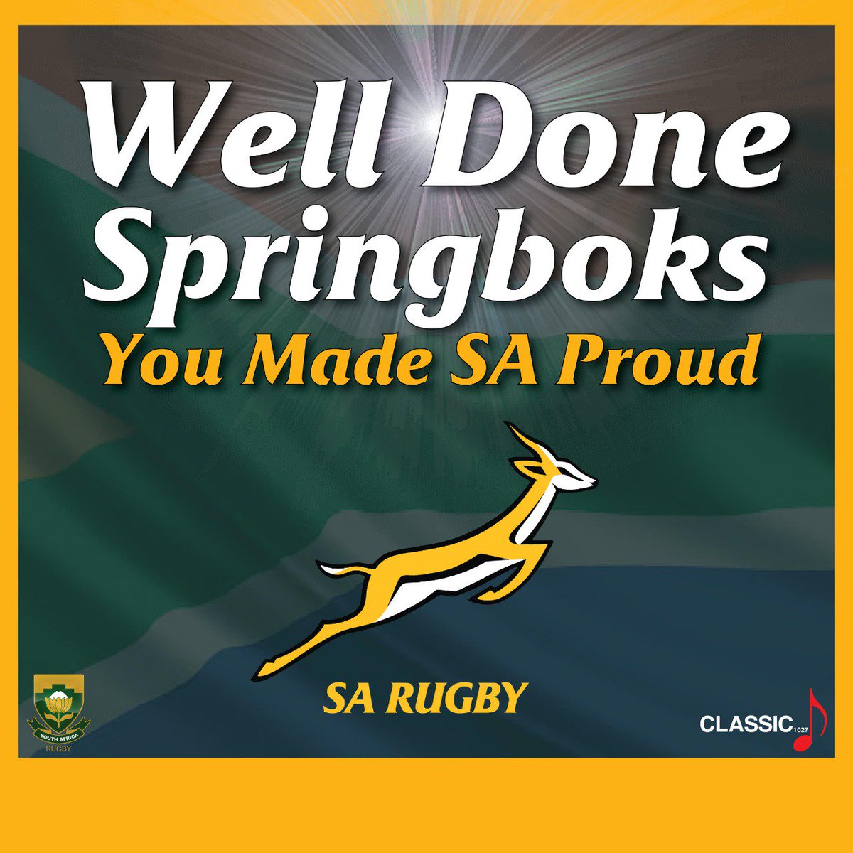 Classic1027SA's tweet photo. CELEBRATION: Springboks 2019 Champions๐ฅณ๐ฅณ
May today's success be the beginning of tomorrow's achievements.
Well done. All your hard work, commitment and practice has paid off.
We're happy for your success.
#Classic #1027 #Congratulation #Springbok #Wins #RubyWorldCup #2019 https://t.co/2PcuzUVYgo