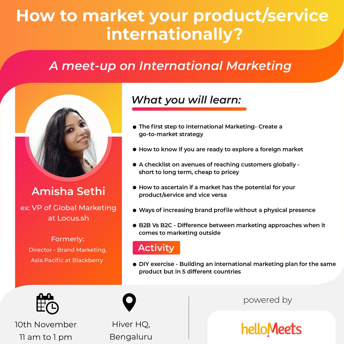 If you're looking to expand, <a href="/amishasethi1/">Amisha</a> ex VP of @Locus_Sh is here to tell you how you can grow your business internationally through marketing!
To be a part, register here: bit.ly/2Pm0Icp
#marketing #International #products