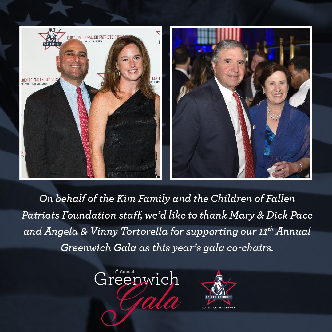 FallenPatriots's tweet photo. #FallenPatriots The 11th Annual Greenwich Gala is tonight! We are looking forward to seeing you there. A special thank you to our co-chairs: Mary & Dick Pace and Angela & Vincent Tortorella. #HonorTheFallen #CollegeForTheirChildren https://t.co/DwmKB4rXTo