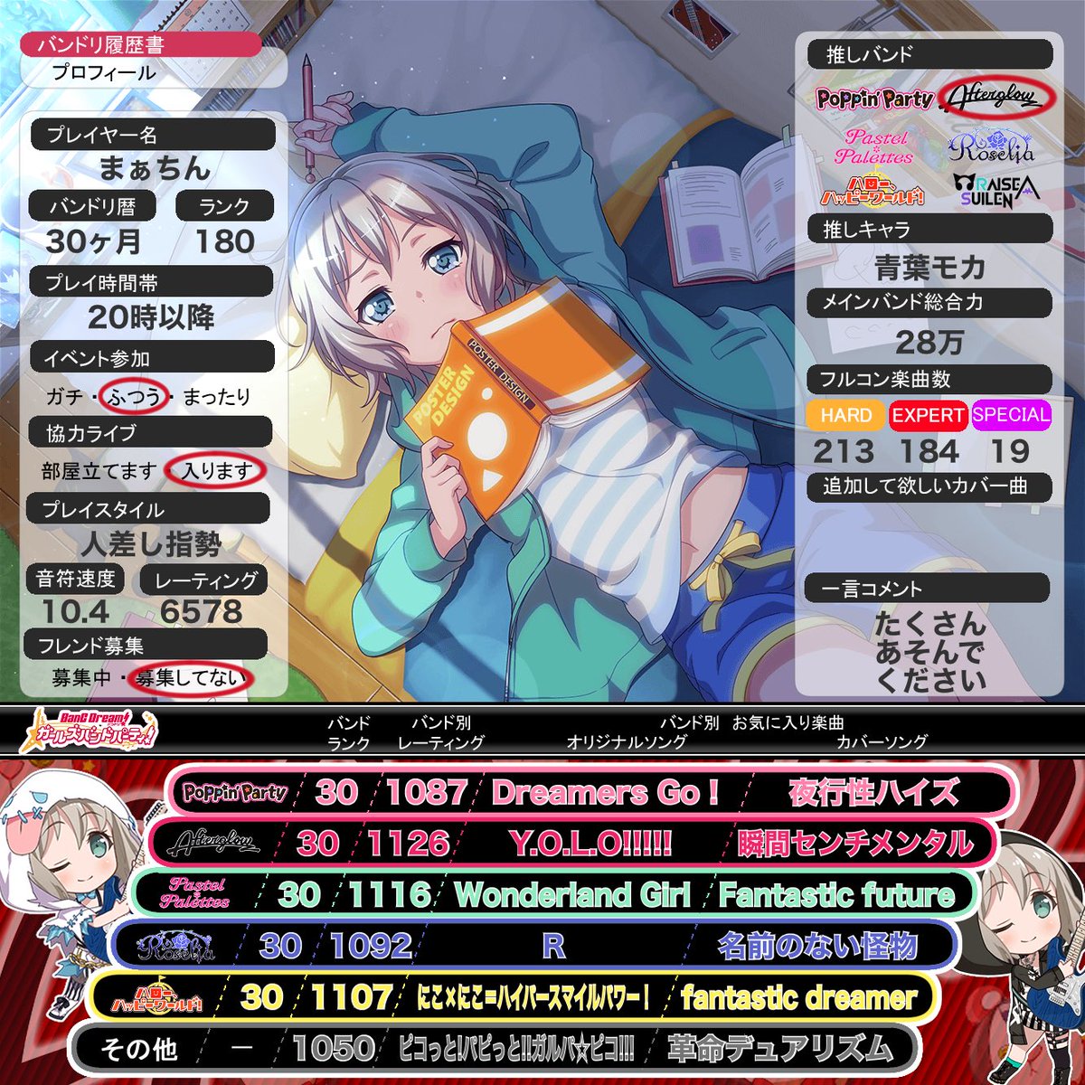 margarupa1's tweet photo. 素敵サイトでプロフつくるのすごい楽ね。たくさんあそんでくださいな。
#ガルパ
#バンドリ
#社会人バンドリーマー
#青葉モカ
#隙あらばパン
#明るいコロッケ
#なぁくどはる
#しゃーしたー

https://t.co/o2N4DfuLIO
作成サイト様 https://t.co/mX0iEjfs58
