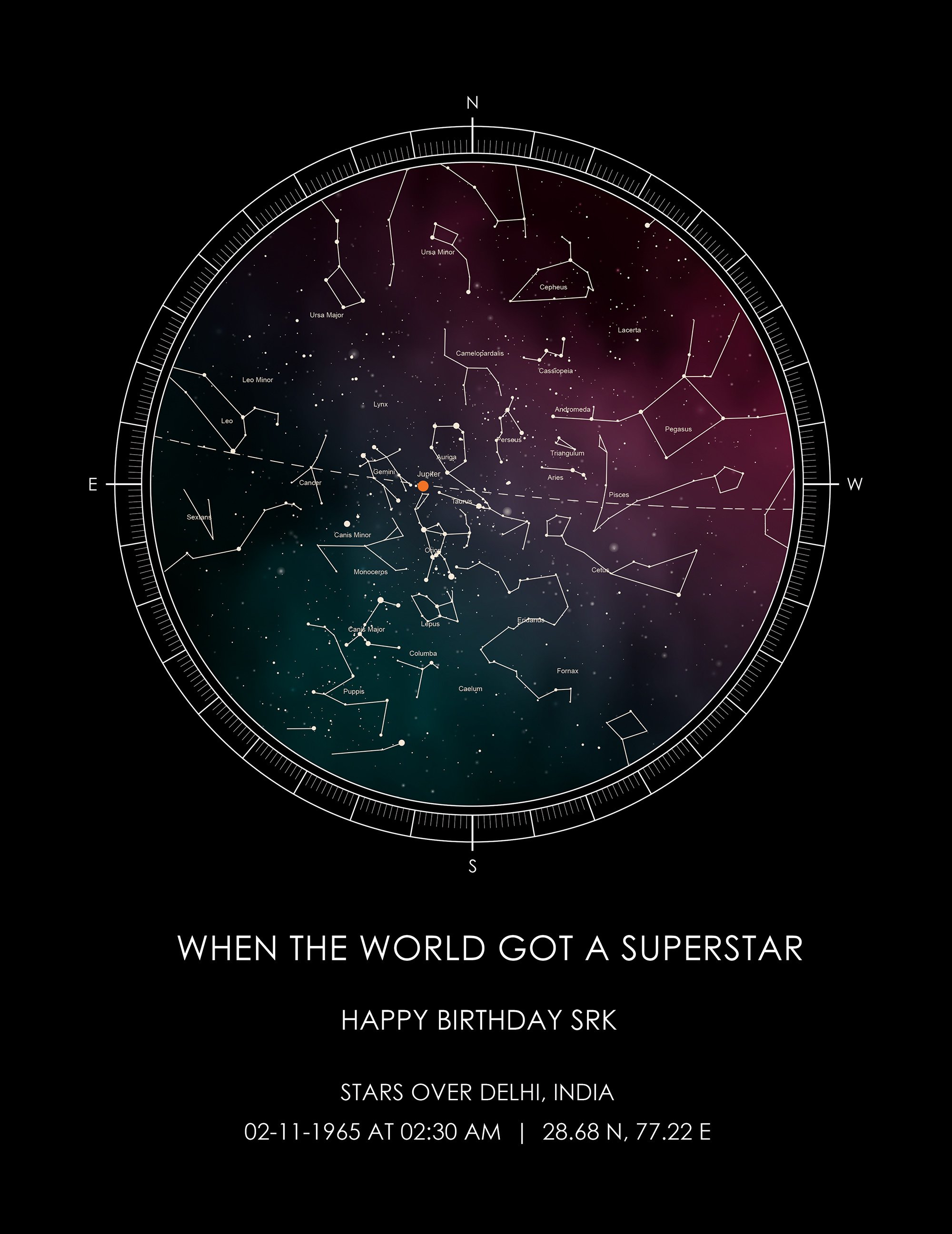 Star Map Of The Day You Were Born טוויטר \ Sytara | Gift A Star Map בטוויטר: "Hi @Iamsrk This Is How The Stars  Above You Looked On The Night You Were Born. Happy Birthday :)  #Happybirthdayshahrukhkhan #Srk54 #Srkday #Shahrukhkhanbirthday
