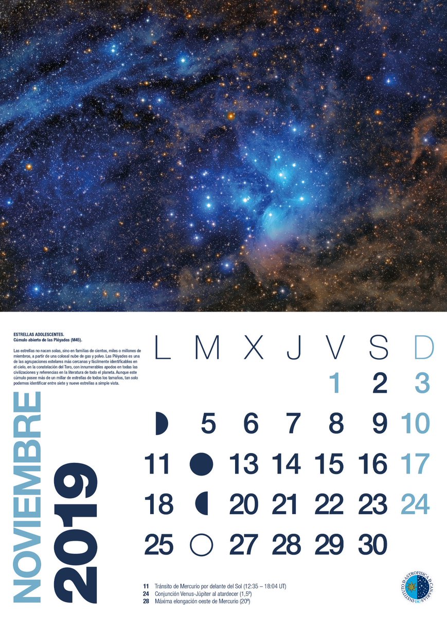 IAC_Astrofisica's tweet photo. Cúmulo abierto de las #Pléyades (M45), protagonista de noviembre en el calendario #100LunasCuadradas”. Los eventos astronómicos de este mes son:
11/11 Tránsito de Mercurio
24/11 Conjunción Venus-Júpiter
28/11 Máxima elongación oeste de Mercurio
📷 Daniel López @cielodecanarias https://t.co/p2KUOCf8Zc