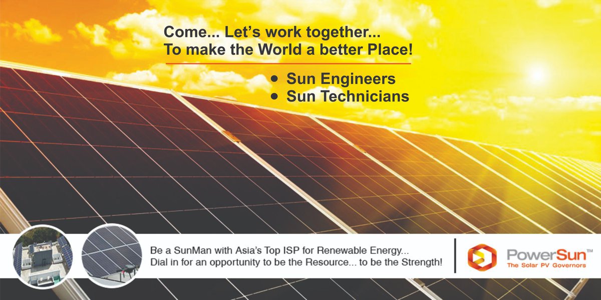 PowerSunIndia's tweet photo. We are hiring for PAN INDIA
• Sun Engineers: Solar PV Utility RoofTop
• Sun Technicians: Solar PV Utility RoofTop
Experience: Min 1 yr hands-on
kapil.mallarappu@powersun.in or +91 9762529466
tejashri.mane@powerteam.in or 020 66484879
#Powersun  #job #solarenergy https://t.co/WHMMNliHLi