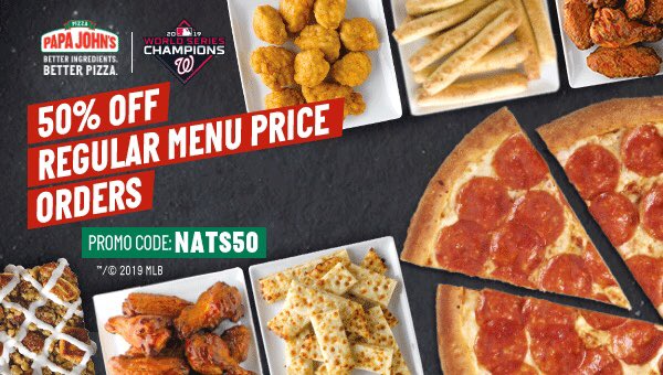 PapaJohns_DMV's tweet photo. π₯BOOM!
πππππππΊπππππ²π΄
Your @Nationals #WorldSeries Championship Parade Special is waiting at https://t.co/7xFcvSJrvT!
It wouldnβt be a party without pizza!
#NATS50π // #CHAMPS // #FIGHTFINISHED https://t.co/is2DMgY7q6