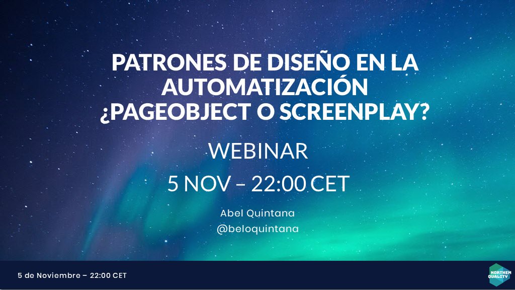 beloquintana's tweet image. Los invito el próximo martes 5 al #webinar que estaré presentando con @NorthemQuality sobre los patrones de diseño más usados en la #automatización: #PageObject y #ScreenPlay

Acá dejo el link para que puedas acceder youtube.com/watch?v=RYZBlg…
18hs 🇺🇾
22hs 🇪🇸

Te esperamos!!